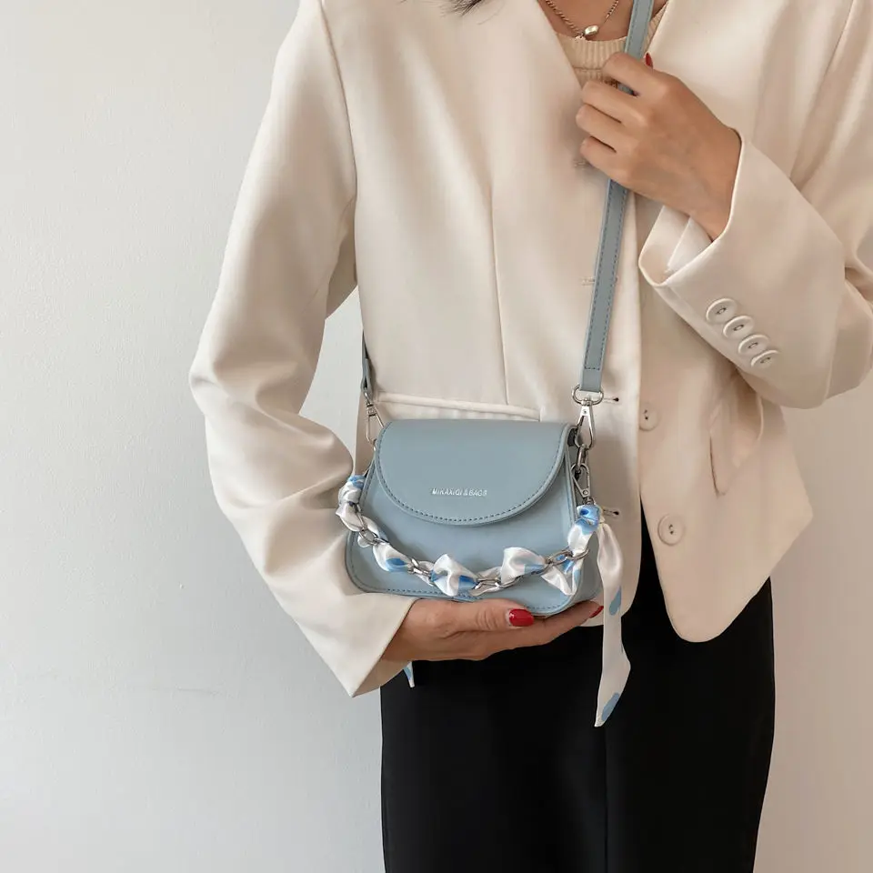 

Lovely Girls Blue Small Handbag With Scarf Detachable Shoulder Strap Women Crossbody Saddle Bag Luxury Party Purses Uncle Nine