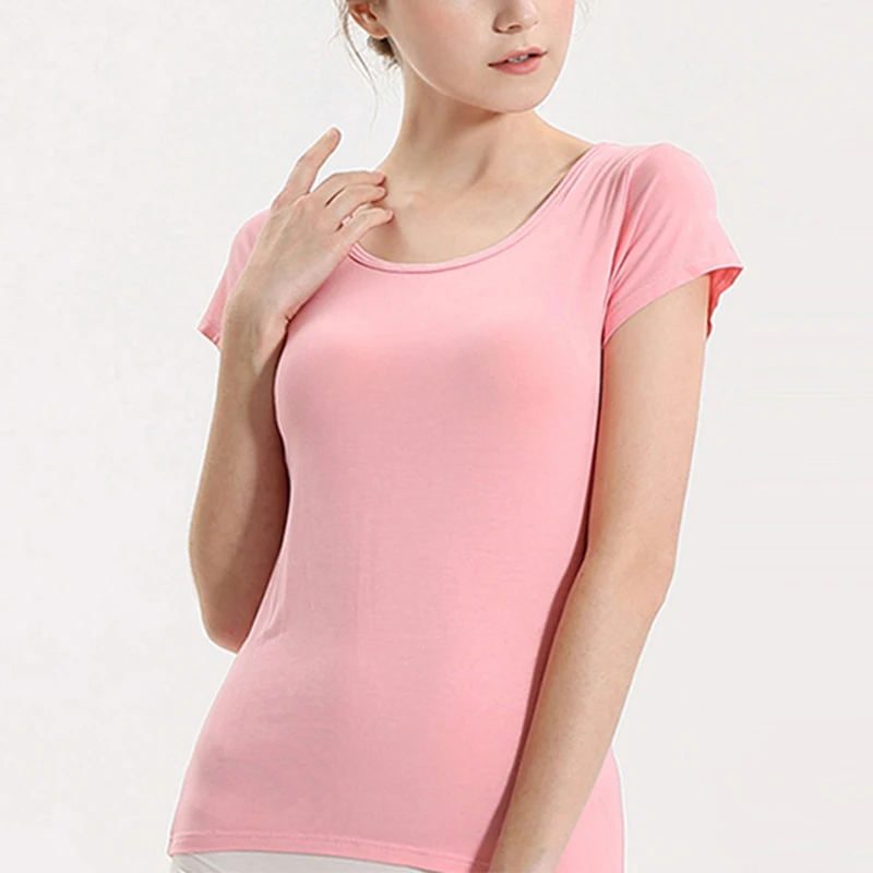 Women T-Shirts Built-in Bra Padded Stretchable Modal Tshirts Tops Short Sleeve Plain Sexy Casual Korean Summer SA0062 | Женская одежда