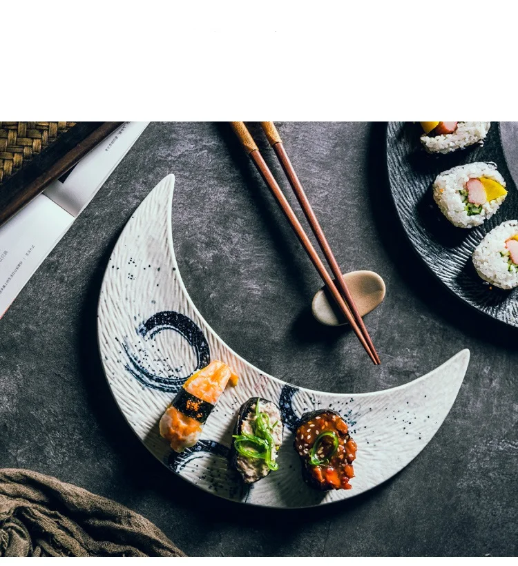 Japanese Style Ceramic Moon Dessign Sushi Dessert Plate Cuisine Flat Plate Dim Pastry Dish Dumplings Dinner Plate Household