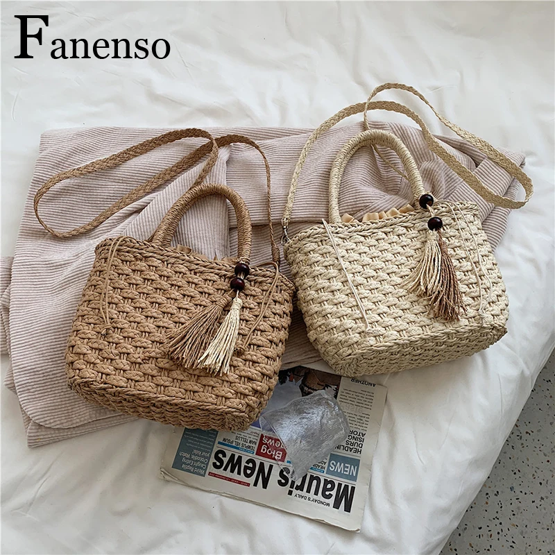 

Fanenso Tassel Straw Handbag Summer Beach Rattan Purse Woven Wicker Basket Crossbody Bags Bohemia Shoulder Tote Woman Bag