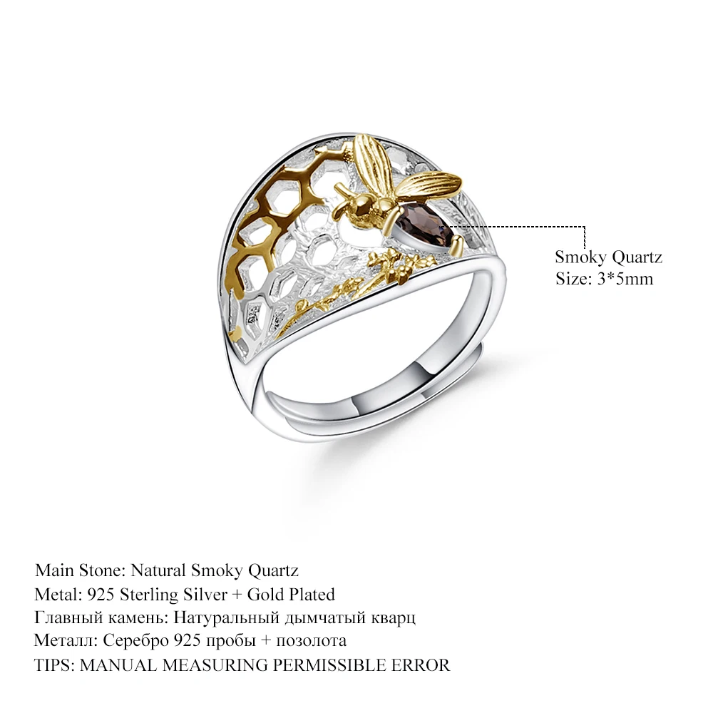 Gem балетки 0.21Ct природный дымчатый кварц Золотое кольцо с пчелиными сотами 925 пробы Серебряное кольцо ручной работы для Для женщин, хорошее ювелирное изделие