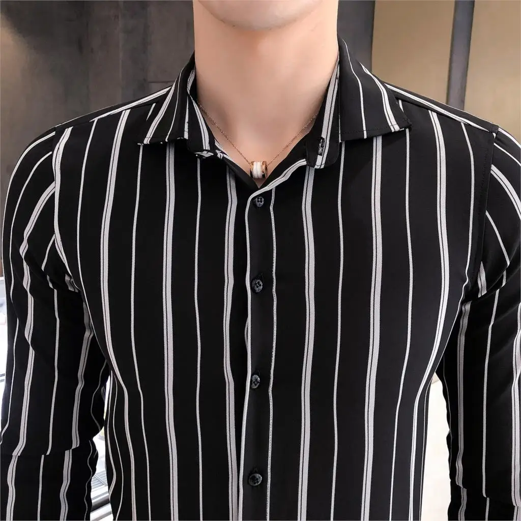 Мода 2019 Черная Мужская рубашка в полоску мужская высококачественные мужские