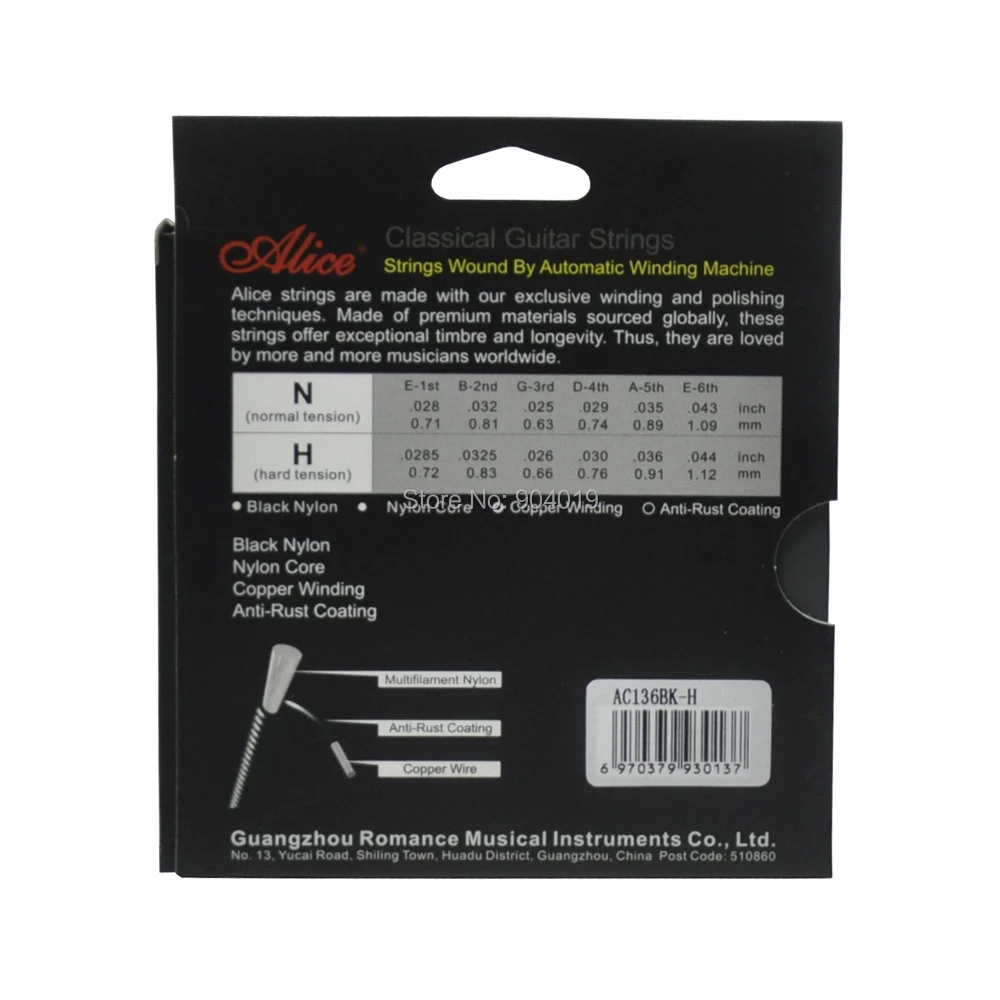 5Sets Alice Classical Guitar Concert Strings Hard Tension Black Nylon Copper Winding Anti-Rust Coating AC136BKH