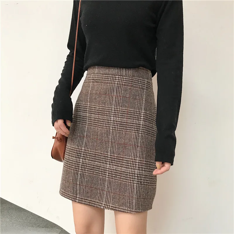 Женская клетчатая мини-юбка элегантная прямая офисная юбка с высокой талией в