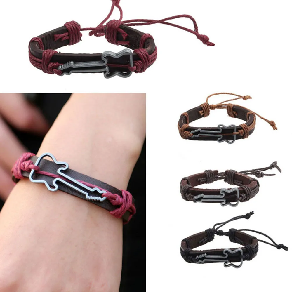 Новый Шарм в виде гитары браслеты ручной работы сплав полые плетеный кожаный