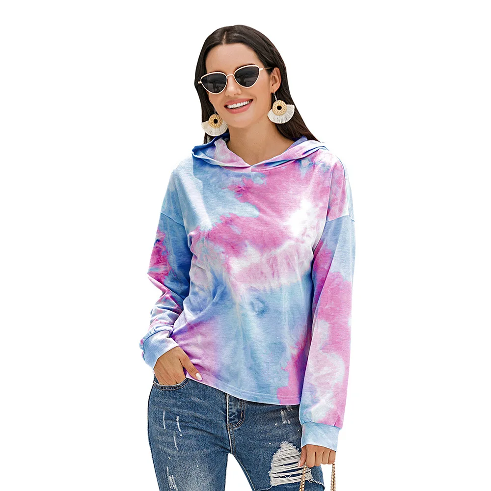 

2020 European and American new printed tie-dye gradient color hooded sweater top women