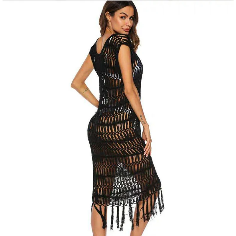 

Swimwear White Knitted Cover Up Beach Women Vacation Outfits Summer Beach Mesh Beach Dress Tunic Long Bikinis Crochet Skirt