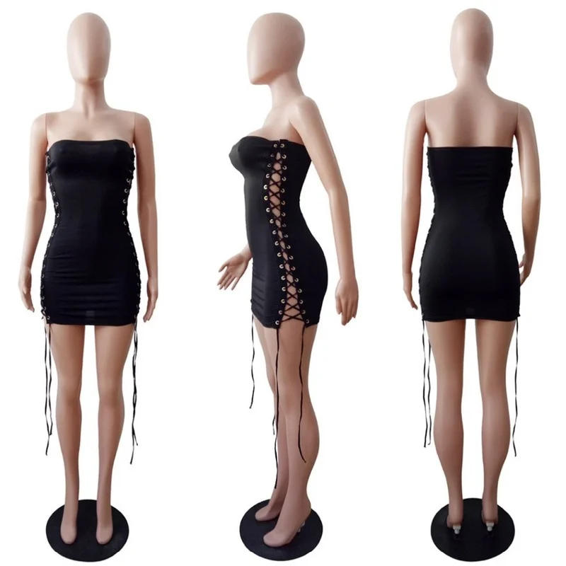 

Dresses 2021 Women Vestidos Black Sexy Bandage Summer Sleeveless Strapless Hollow Out Lace Up Party Bodycon Mini Dress Clubwear