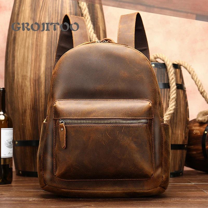 

GROJITOO men's backpack Genuine Leather Backpack crazy horse skin high capacity Travel Backpack cowhide bag for men