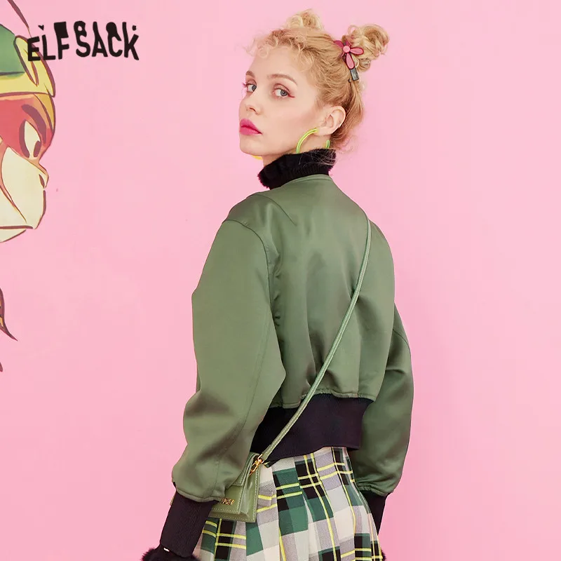 ELFSACK Ретро стиль вышитые расклешенные атласные женские куртки осень 2019 зеленая