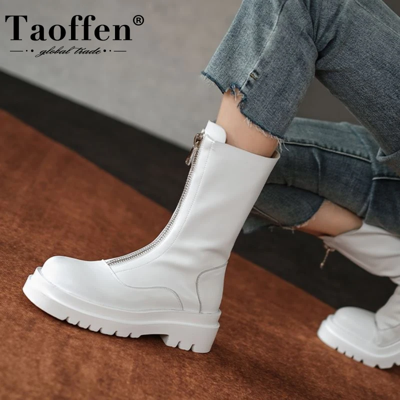 

Taoffen Real Leather Mid Calf Boots For Women Zipper Tihck Bottom Shoes Concise Daily Fashion Female Footwear Size 34-39