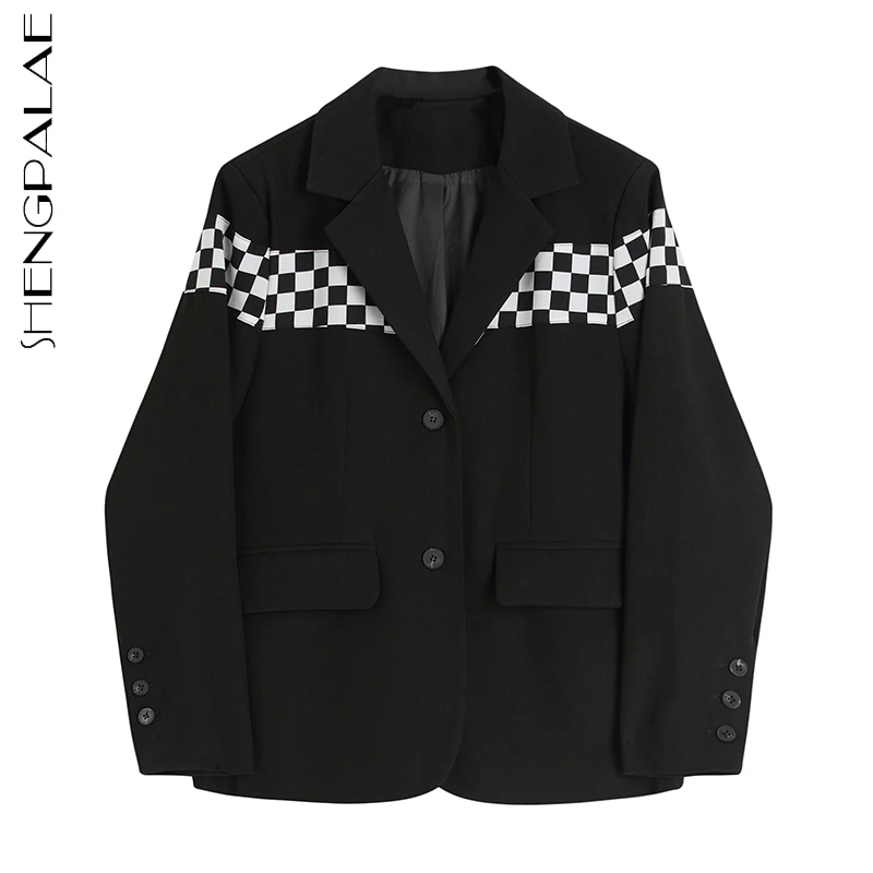 

SHENGPALAE модный комбинированный клетчатый черный Блейзер Женская Осенняя Новинка 2021 свободный однобортный пиджак с длинным рукавом