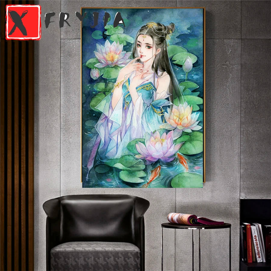 

Алмазная вышивка лотос, красавица, мозаика из круглых страз, картина из страз, вышивка крестиком, декор фрески для дома