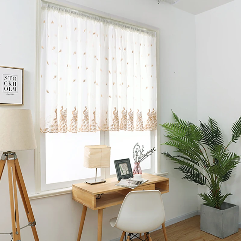 Short Curtains Embroidered Peacock Feather Sheer Tulle For Home Living Room Balcony Window Screen Valance Pelmet Voile | Дом и сад
