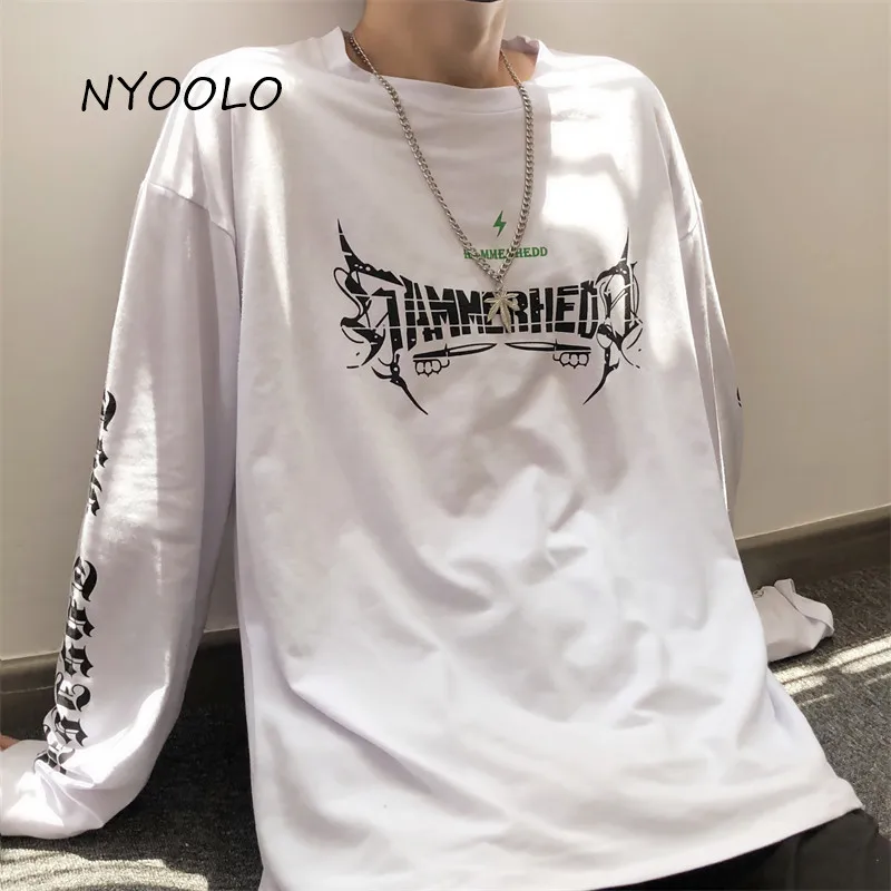 

NYOOLO Casual Streetwear Hip Hop Letters Print Long Sleeve Goth T-Shirt Women Men Clothes Autumn Skateboard Pullovers White Tops