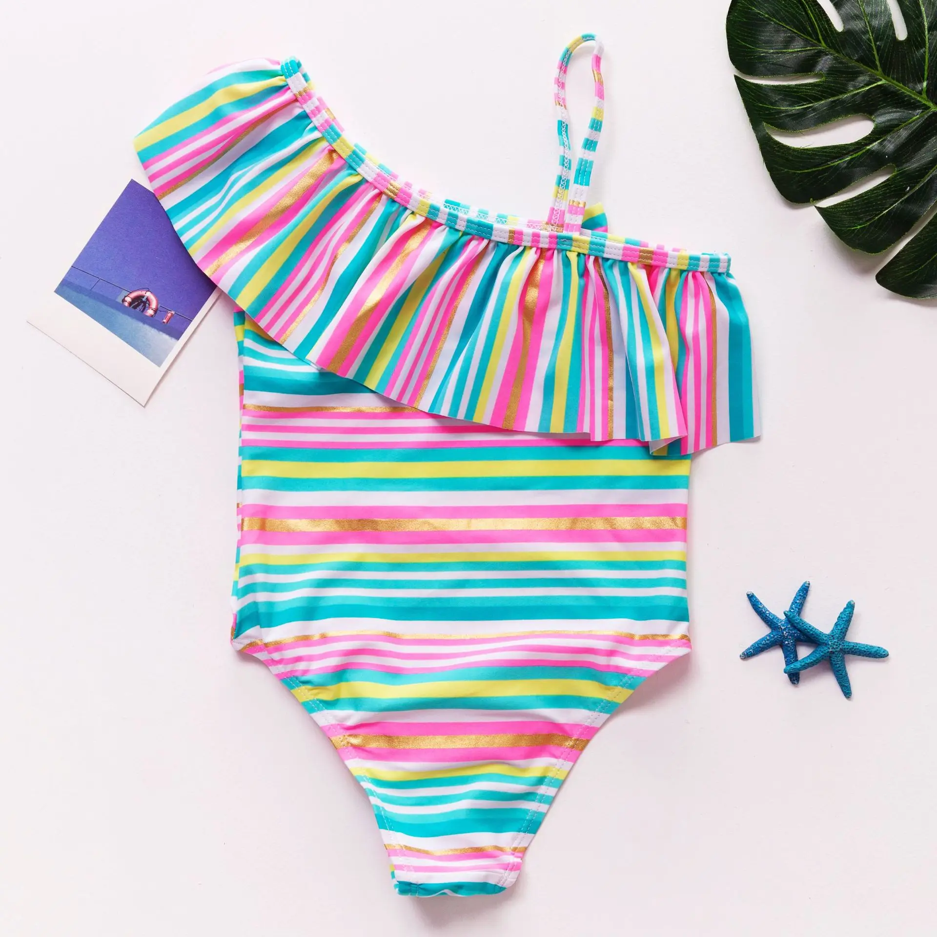 2019 Girls Swimsuit 3-8years One Piece Swimwear For Children's Ruffle Style Striped With Bow-knot 9196 |