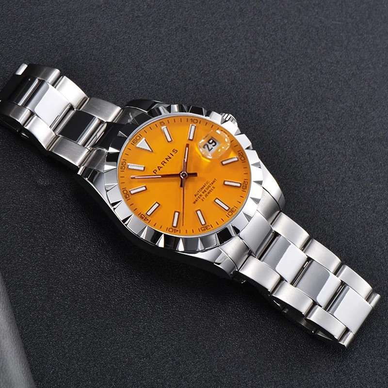 Billig Neue Parnis 39,5mm Top Luxus Männer Uhren Orange Zifferblatt Kalender Miyota 8215 Automatische Mechanische Bewegung Herren Armbanduhr