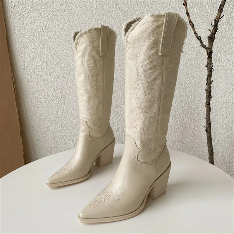 

Western Boots Women Knee High Cowboy Boots 2020 Genuine Leather Pointed Toe Ladies Shoes Woman Thick Heel Embroidered Boots