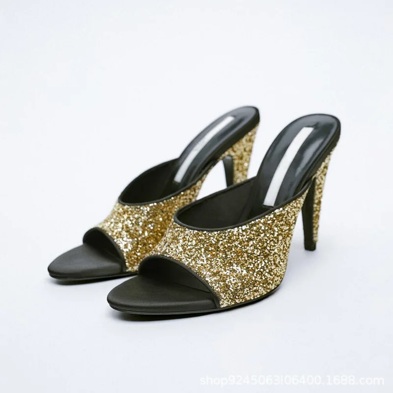 

TRAF Za 2021 Woman Shoes Summer High Heels Women Slippers Fashion Glitter Heels Open Toe Sandals Women Heels Party Slippers