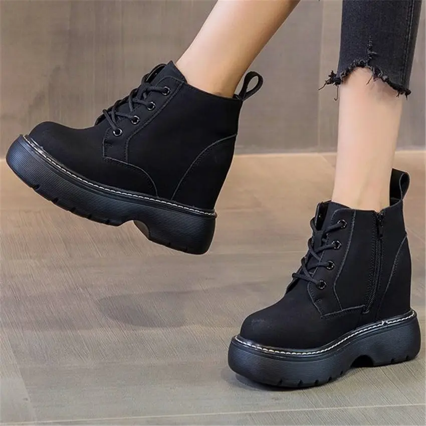 

Punk Goth Increasing Height Boots Women Genuine Leather Round Toe Creeper Shoes Chunky Ankle Boots High Heel Oxfords 34 35 38 39