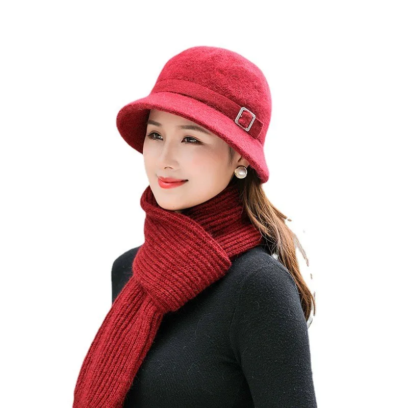 

New Winter Hat For Women Elegant Wool Blend Bucket Hat Neck Warm Thick Warm Knitted Cap Scarf Gloves 3 Pc Set Mother Gift