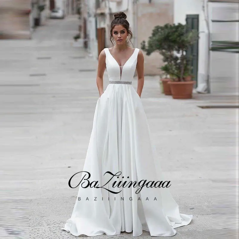 

BAZIIINGAAA простое свадебное платье из тафты Элегантное свадебное платье невесты с v-образным вырезом и кружевной аппликацией размера плюс Весн...