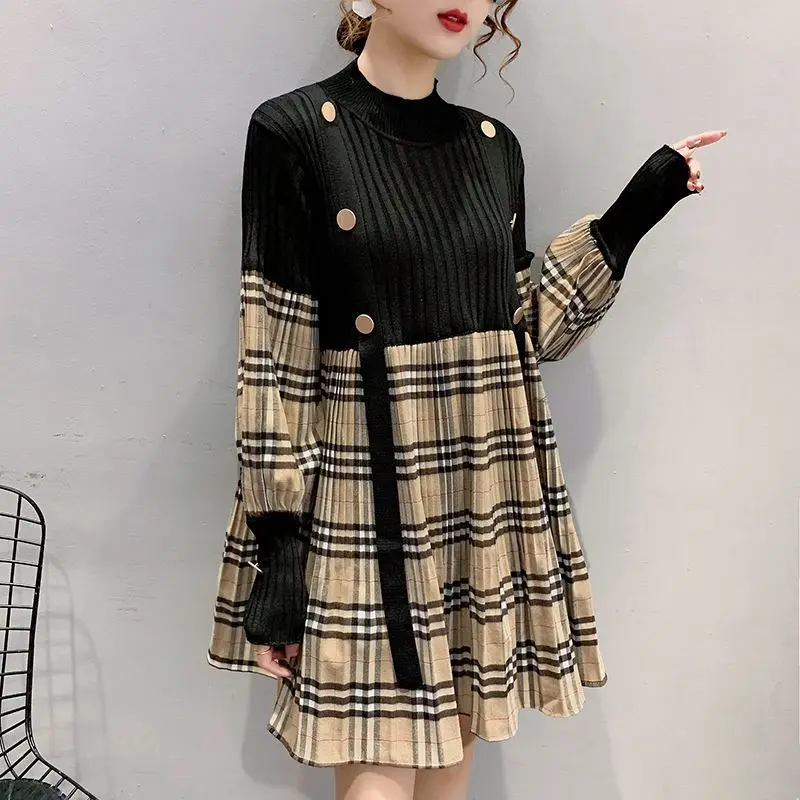 

Plaid dresses for women medium length knitted loose elastic sweater dress