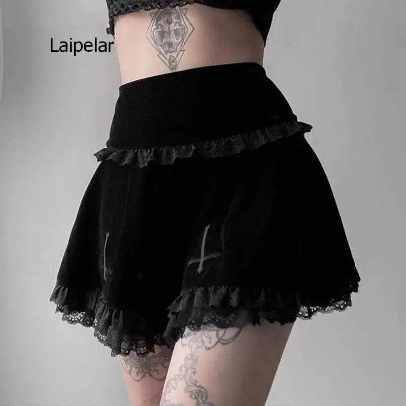

Cool Cross Black Vintage Lace Trim Skirt Gothic Grunge High Waist Ruffle Summer Skirt Women 2021