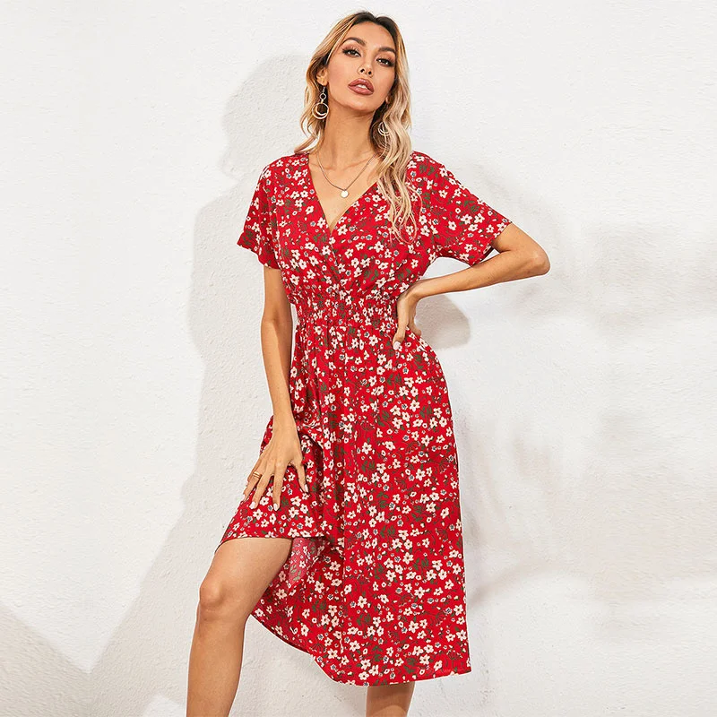 

Summer Print Beach Dress For Women 2021 New Casual Short Sexy V Neck A Line Medium Long Dress Ladies Wrap Sundress