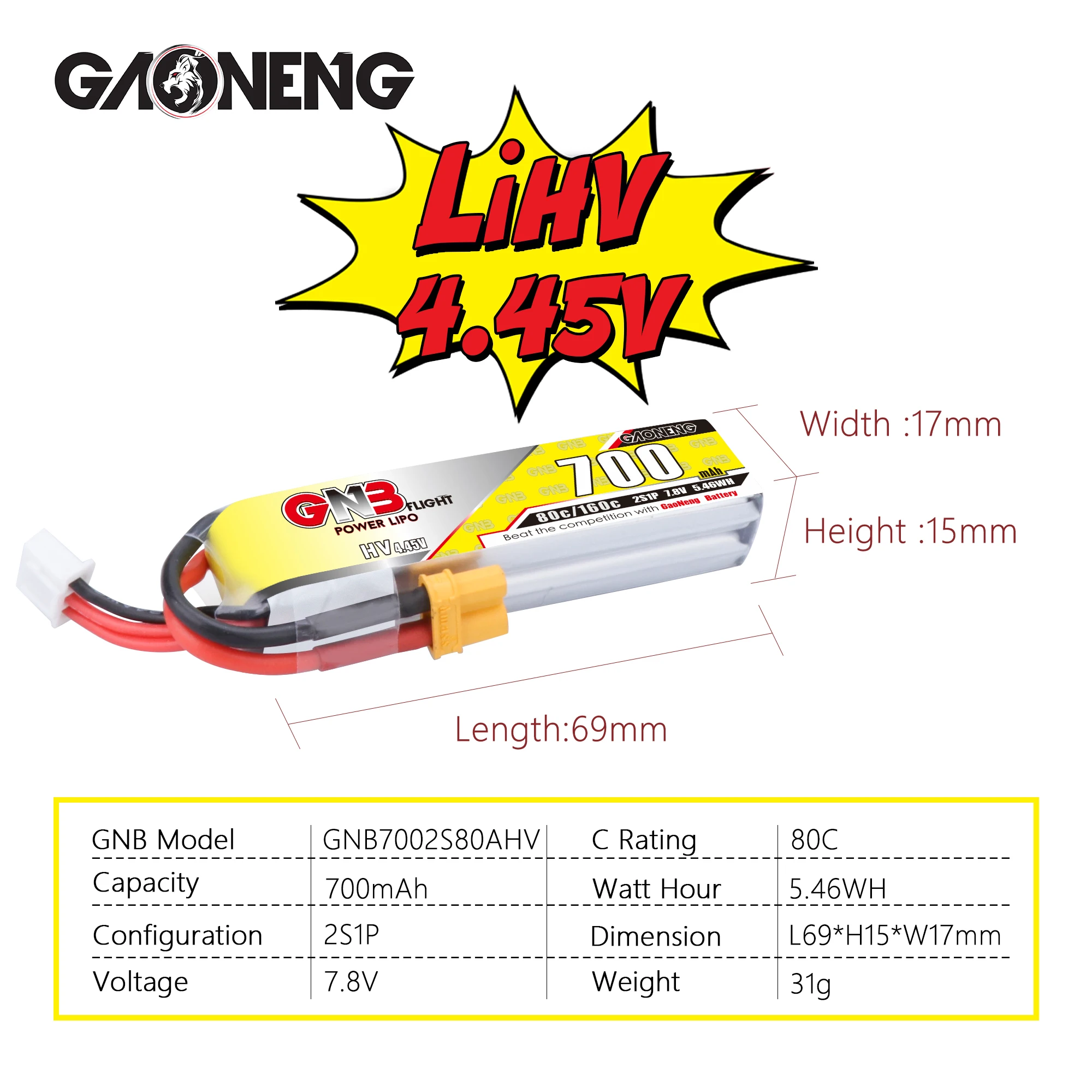 2 шт. Gaoneng GNB 700 мАч 80C 2S 7 8 V 4 45 HV Lipo батарея с разъемом XT30 для Happymodel FPV Racing Cine Whoop BetaFPV RC