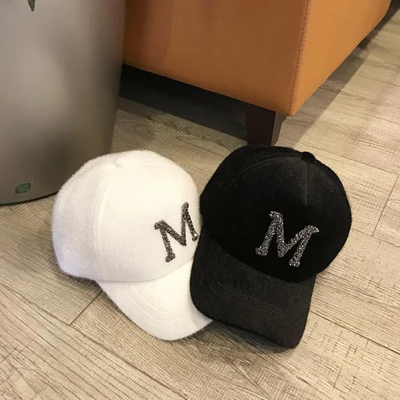 Женская бейсбольная Кепка из норкового волоса стразы с надписями одноцветная