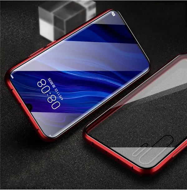 Двухсторонний стеклянный прозрачный Магнитный чехол для huawei P30 Lite светильник Pro P 30 чехол s 360 ° Защитный металлический бампер Магнитный чехол - Цвет: Red
