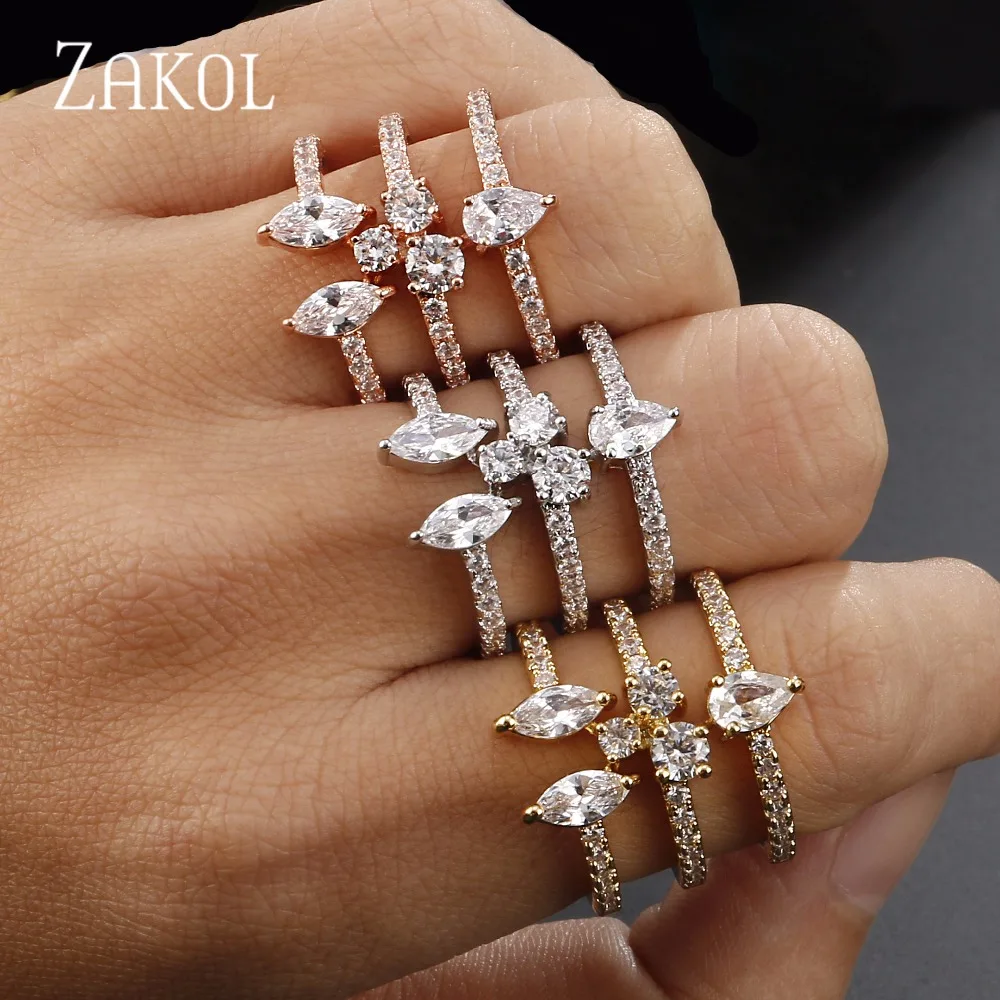 ZAKOL Новое модное кольцо белого цвета с фианитом ААА Открытое широкие Полые