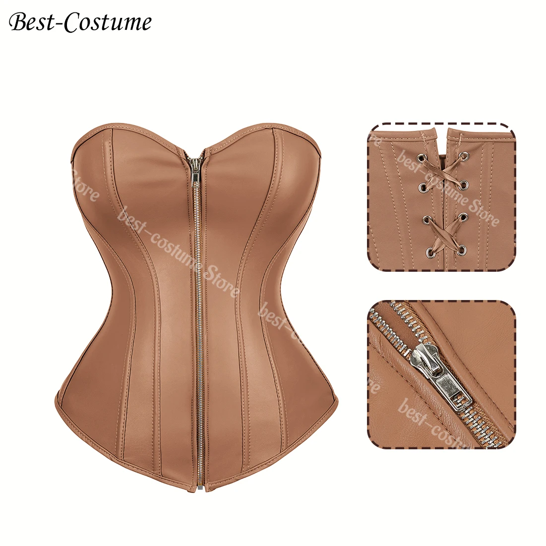 Женский кожаный корсет верхняя модель сексуальный костюм на молнии коричневый