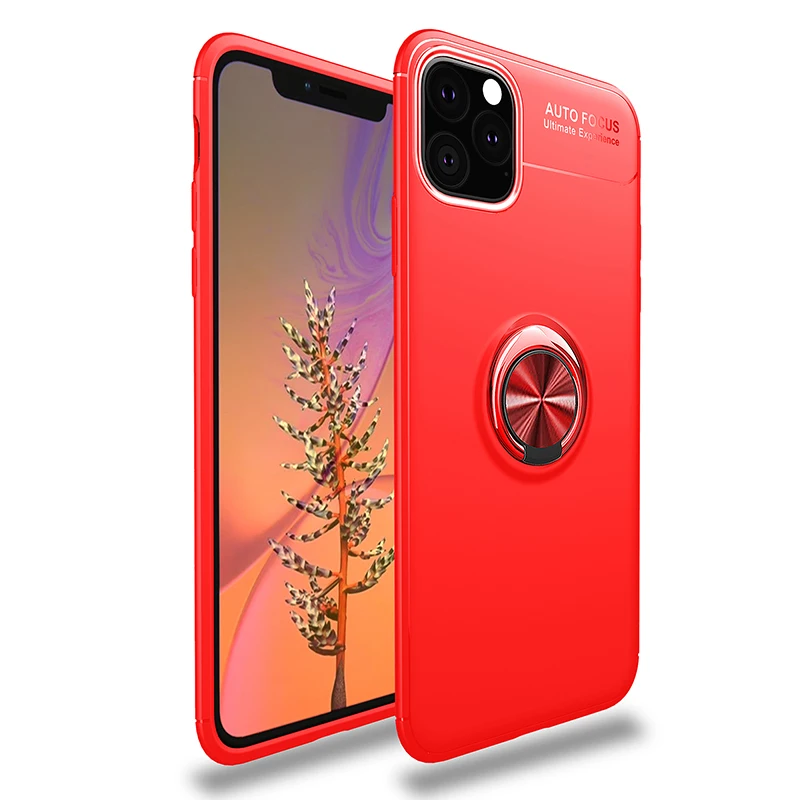 Red Для iPhone 11 Pro Max чехол для телефона металлический палец кольцо матовый мягкий термополиуретан силиконовый задняя крышка для iPhone 11 противоударный жесткий чехол для телефона - Цвет: Red