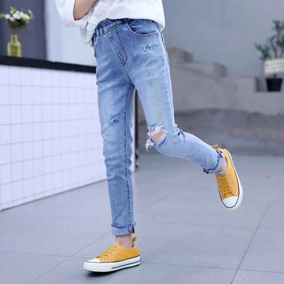 Джинсы для девочек узкие брюки детские джинсы с дырками повседневные на весну и
