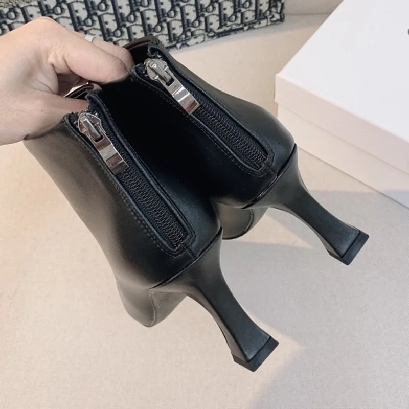 

The new During the Spring and Autumn Winter 2021 Pointed Thin With Short Tube Zipper Leather High-Heeled Women Short Boots