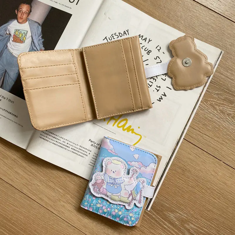 Korean Ins Sunshine Bear Girl Pu Short Three-fold Wallet Cute Image Student Card Holder | Дом и сад
