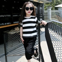teenage girls clothing set summer children kids o neck white striped t shirts wide leg pant suits baby girls boutique outfits