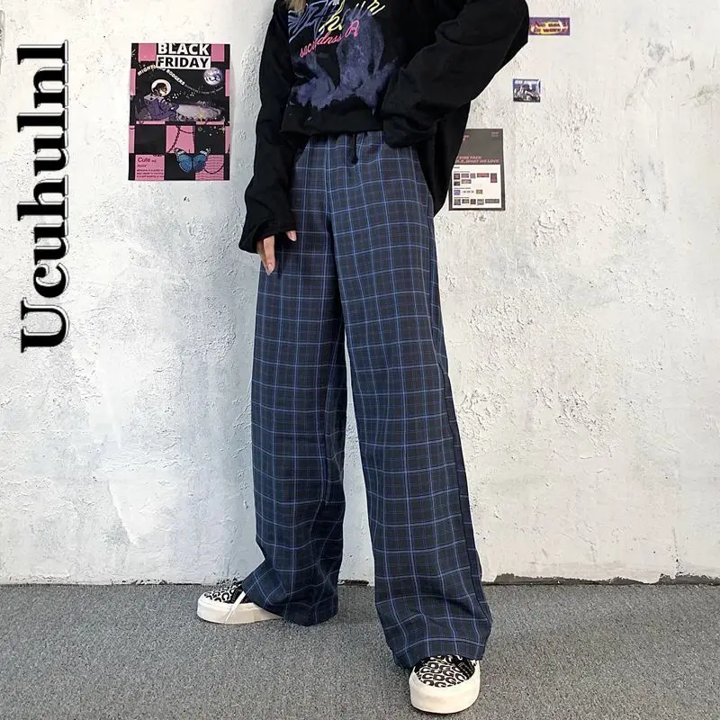 

Ucuhulnl 2021 Korean Pants for Women Long Length Hip Hop Trousers Plaid Loose Elastic Waist Harem Pant Fashion Pantalones Femme