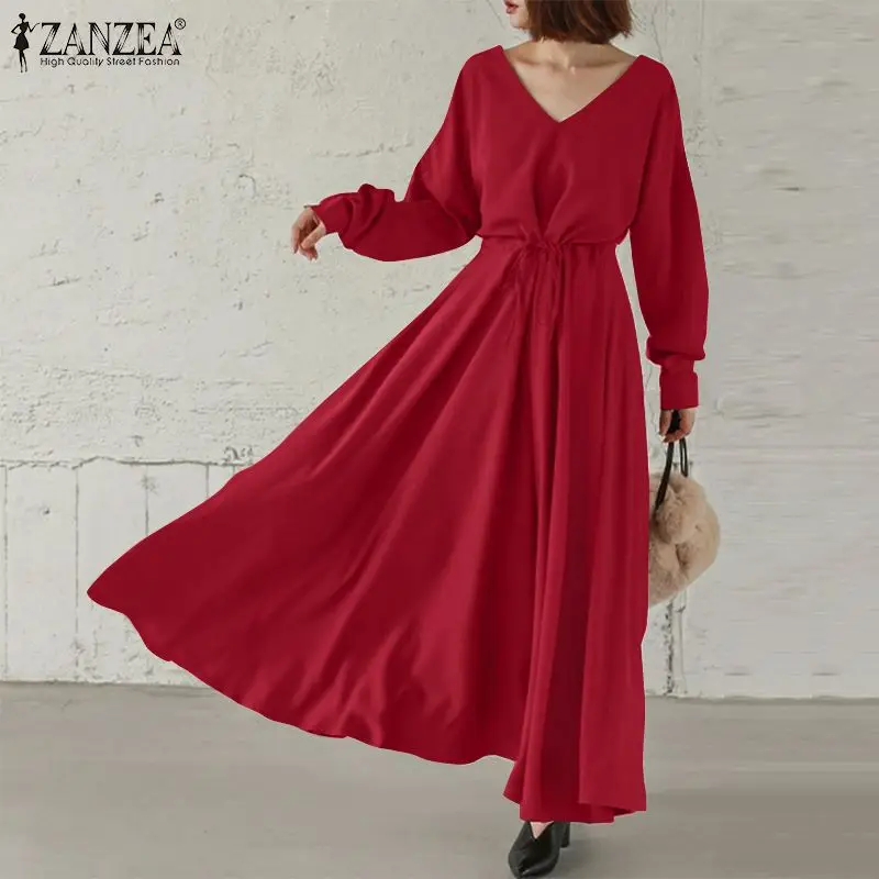 

Bohemian Party Casual Loose Dresses Holiday Autumn Long Solid Sundress ZANZEA Women Drawstring Dress Stylish V Neck Vestido Robe
