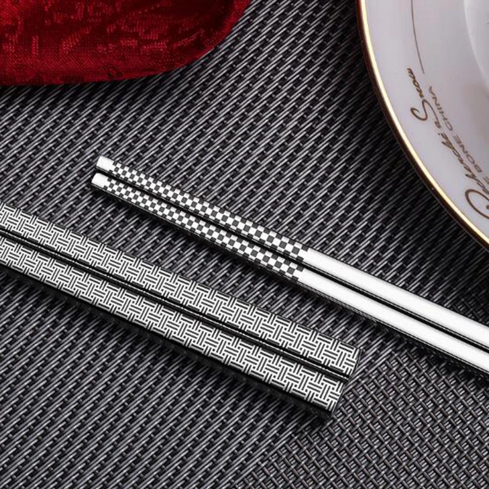 

304 Stainless Steel Chopsticks Geometric Pattern 5/10 Pairs Of Anti-Skid And Anti-Scalding Household Hotel Square Chopsticks