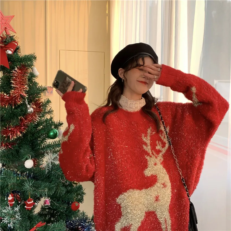 

Women Cute Christmas O-neck Oversize Sweater Shining Holiday Deer Autumn Knitted Pullover Kawaii Elk Printed Loose Mujer Sweater