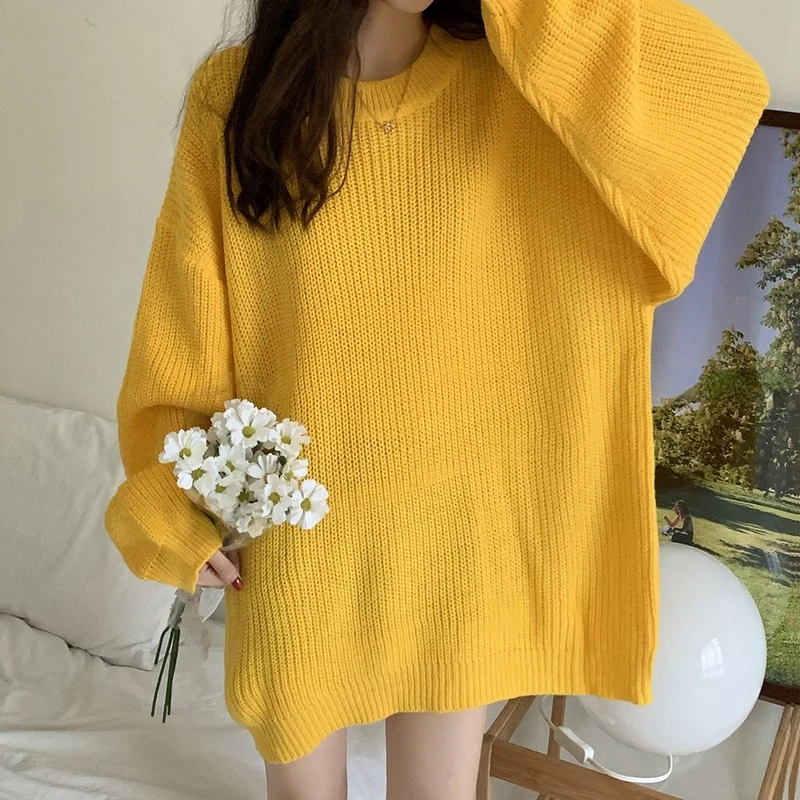 

Autumn Winter Streetwear Oversized Thick Long Sweaters Women Harajuku O Neck Yellow Blue Grey Lazy Wind Girls Ulzzang Jumpers