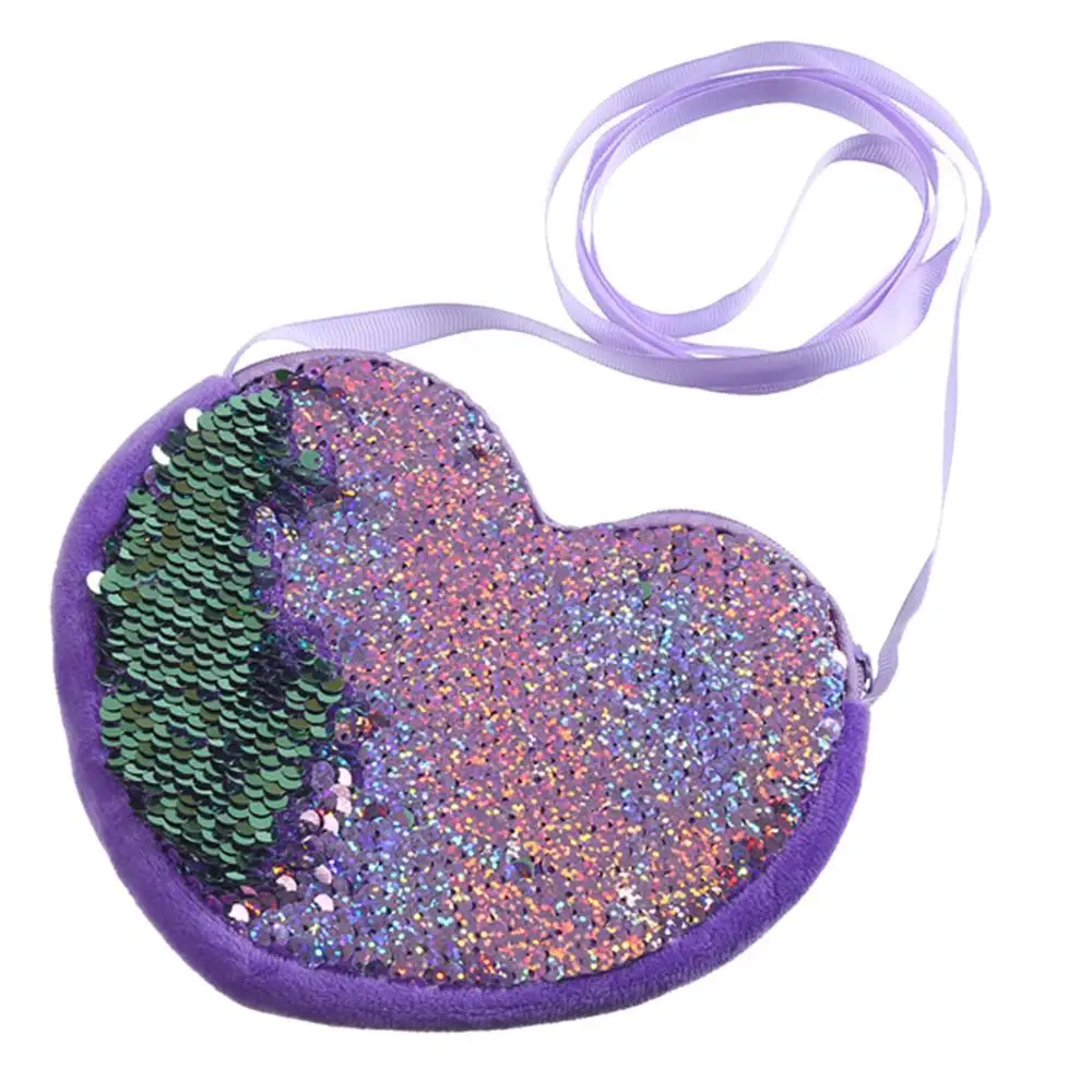Purple Детский милый кошелек для монет, кошелек с сердечками, чехол для ключей с блестками, мультяшная сумка через плечо для девочек, сумка-мессенджер, кошелек, чехол, сумка - Цвет: Purple