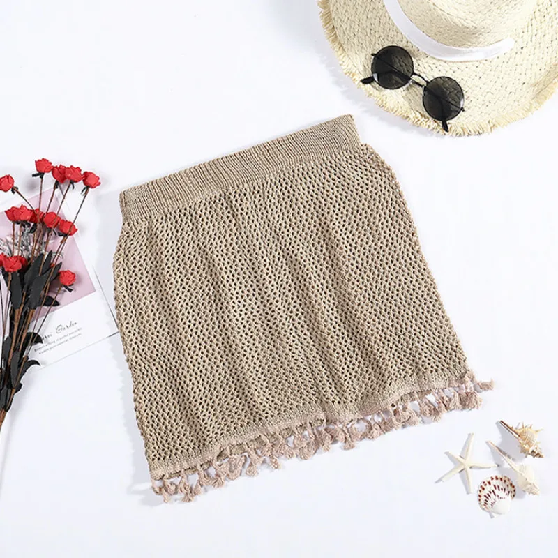 

Women's Beach Skirt 2021 New Sexy Perspective Hollow Out Knitted Hip Skirt Tassel Holiday Beach Skirt