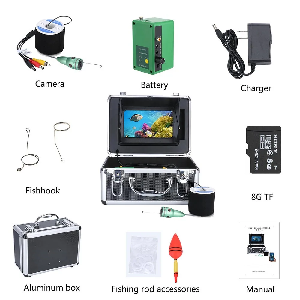 Рыболокатор для подводной рыбалки 1080P камера комплект 7 дюймов WIFI Беспроводная 16GB