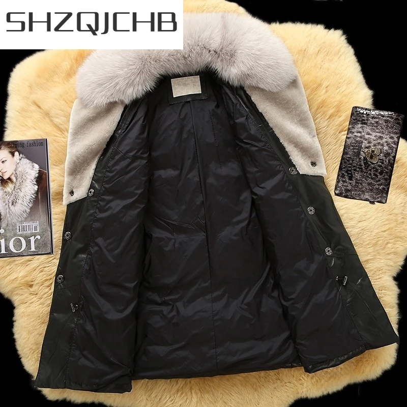 

JCHB 2021 Fox Fur Collar Long Genuine Sheepskin Jacket Women Streetwear Winter Warm Real Leather Down Coats Fashion Pink Outerw