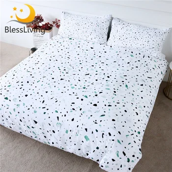 BlessLiving Quartz Bedding Set Green Stones Comforter Cover Rock Terrazzo Bed Cover King Black White Marble Bedlinen 3-Piece 1