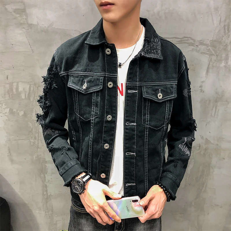 

Solid color handsome simple hole denim short coat loose student fashion jacket